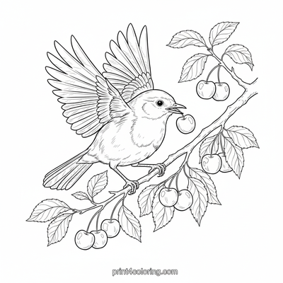 Robin's Sweet Cherry Feast - free printable coloring page