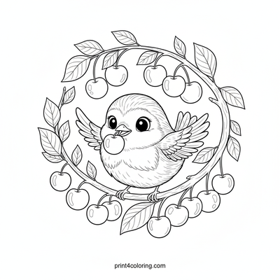 Robin's Cherry Tree Delight - free printable coloring page