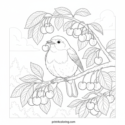 Robin's Cherry Feast - free printable coloring page