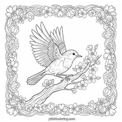 Robin's Graceful Flight Amidst Spring Blossoms - free printable coloring page