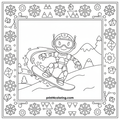Robo-Snowboarder's Mountain Thrill - free printable coloring page