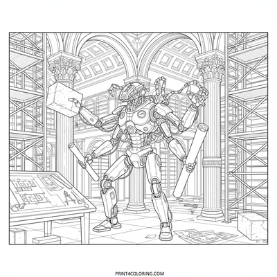 The Grand Library Builder Bot - free printable coloring page