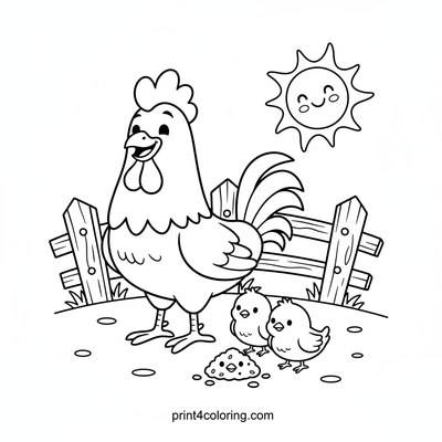 Rooster and Chicks' Sunny Snack Time - free printable coloring page