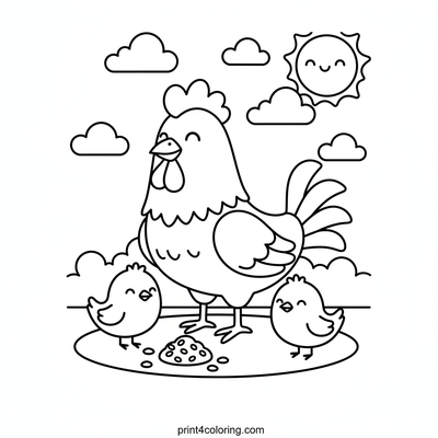 Sunny Barnyard Feast: Rooster and Chicks Sharing Seeds - free printable coloring page