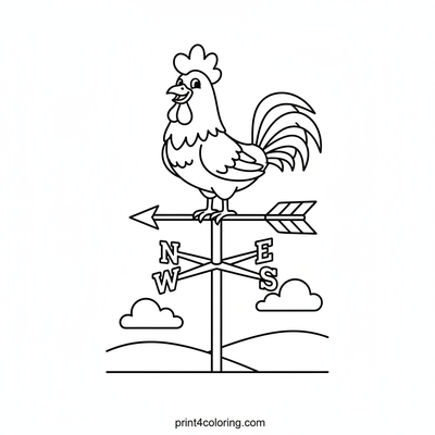 Happy Rooster on the Weather Vane - free printable coloring page