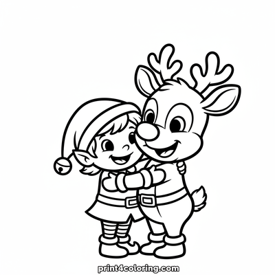 Rudolph's Cozy Hug with a Friendly Elf - free printable coloring page