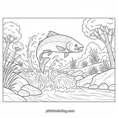 The Salmon's Mighty Leap - free printable coloring page