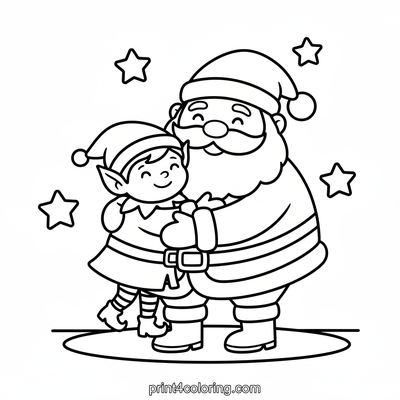 Santa's Cozy Hug with a Happy Elf - free printable coloring page