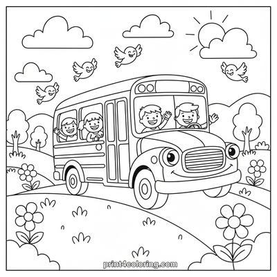 Sunny School Bus Adventure - free printable coloring page