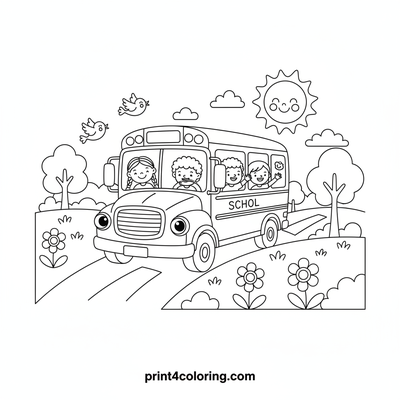 Sunny School Bus Mountain Journey - free printable coloring page