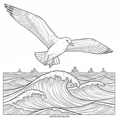 Majestic Flight: Seagull Over Ocean Waves - free printable coloring page
