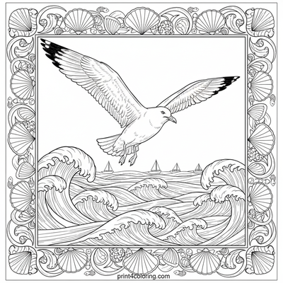 Seagull's Ocean Majesty: Soaring Above Waves - free printable coloring page