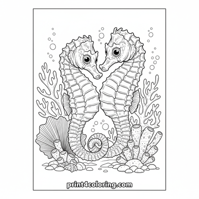 Seahorse Serenity: A Fan Coral Family Portrait - free printable coloring page