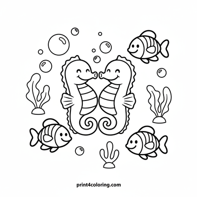 Happy Seahorse Swirl Dance - free printable coloring page