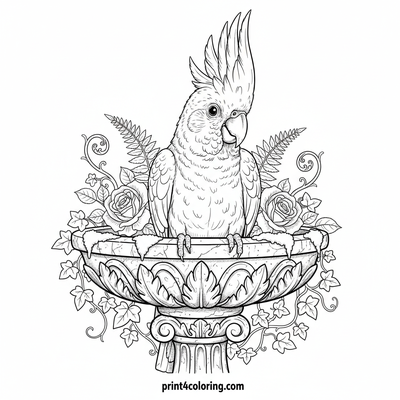 Secret Garden Discovery: Majestic Cockatoo on an Ornate Fountain - free printable coloring page