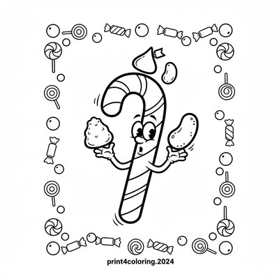 Wobbly Candy Cane's Sweet Juggling Mishap - free printable coloring page