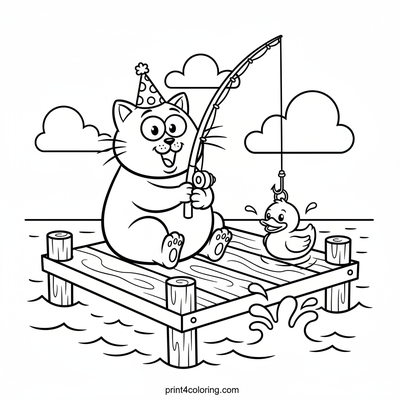Silly Cat's Rubber Duck Surprise - free printable coloring page