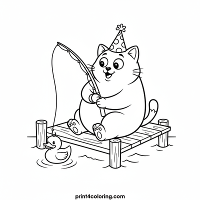 Silly Cat's Surprise Catch: A Rubber Duck! - free printable coloring page