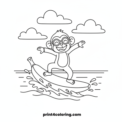 Silly Surfing Monkey on a Banana Wave - free printable coloring page