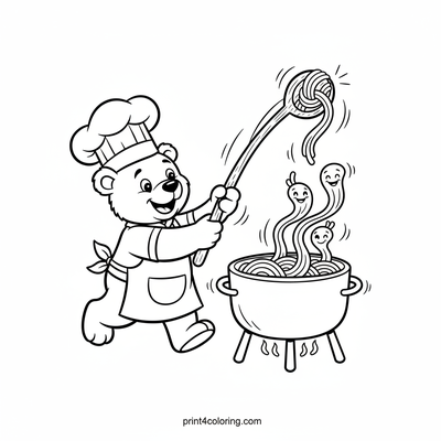 Silly Chef Bear's Noodle Fishing Fun - free printable coloring page