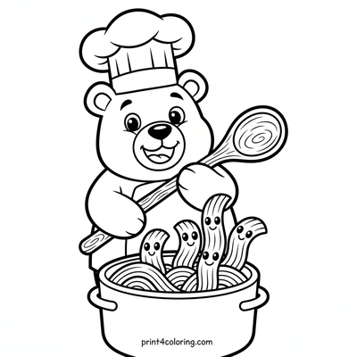 Chef Bear's Silly Noodle Fishing - free printable coloring page