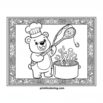 Silly Noodle Fishing Bear Chef - free printable coloring page