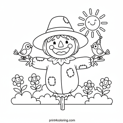 Happy Scarecrow's Sunny Garden Party - free printable coloring page