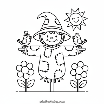 Happy Scarecrow's Birdy Buddies - free printable coloring page
