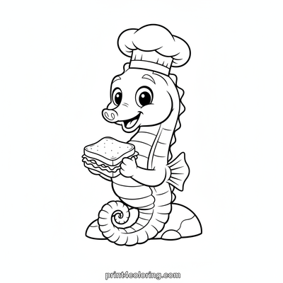 Chef Seahorse's Seaweed Sandwich - free printable coloring page