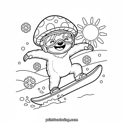 Silly Sloth's Snowy Snowboard Adventure! - free printable coloring page