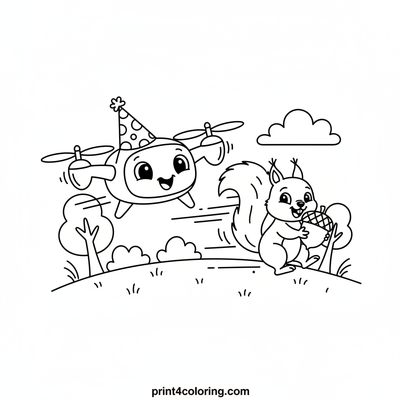Acorn Antics: Silly Squirrel and His Drone Friend - free printable coloring page