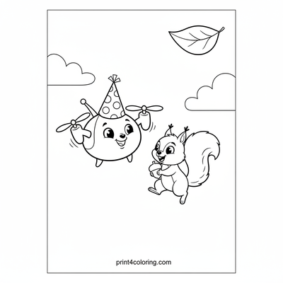 Party Drone & Acorn Squirrel Chase - free printable coloring page