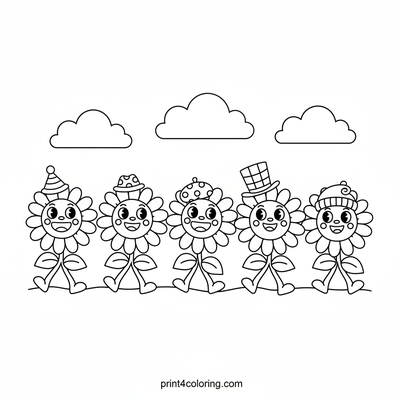 Happy Hat Parade of Silly Sunflowers - free printable coloring page