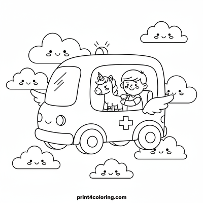 Unicorn's Magical Sky-High Healing Ambulance - free printable coloring page