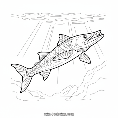 Ocean Hunter's Grace: Barracuda in Sunlight - free printable coloring page