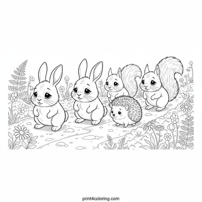 Sleepy Forest Friends' Gentle Morning Stroll - free printable coloring page