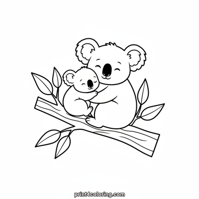 Sleepy Koala Family Hug - free printable coloring page
