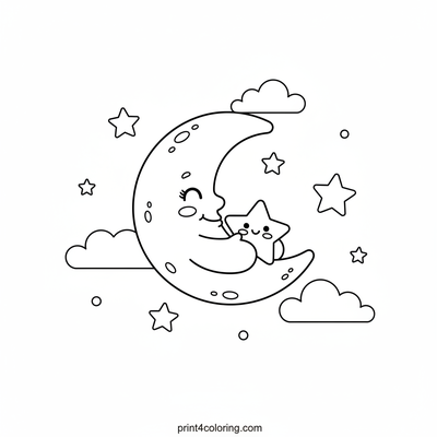 Crescent Moon Cuddles a Little Star - free printable coloring page