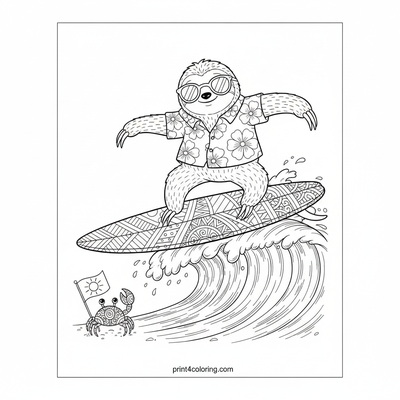 Sloth's Super Slow Surf Session - free printable coloring page