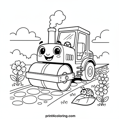 Happy Steamroller's Garden Adventure - free printable coloring page