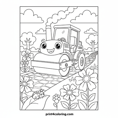 Smiley Steamroller's Garden Path Adventure - free printable coloring page