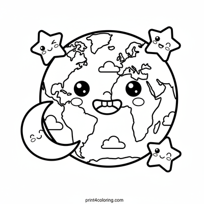 Smiling Earth and Its Cosmic Crew - free printable coloring page