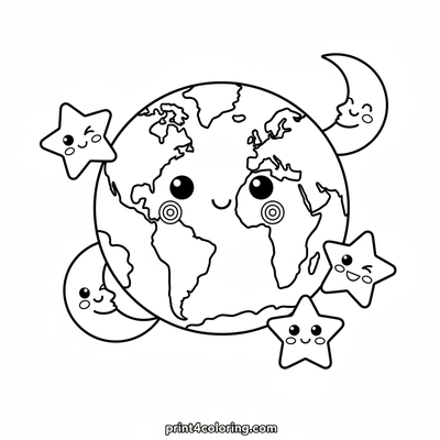 Smiling Planet Earth and Her Star Friends - free printable coloring page