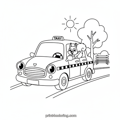 Happy Taxi, Happy Squirrel! - free printable coloring page