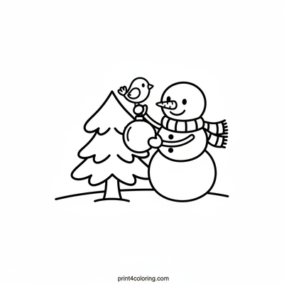 Snowman's Merry Tree Decorating - free printable coloring page
