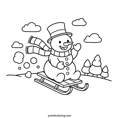 Happy Snowman's Sled Adventure - free printable coloring page