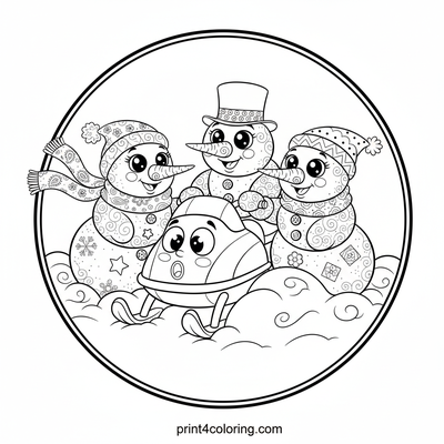 Snowmen's Snowy Shenanigans: A Snowmobile Rescue! - free printable coloring page