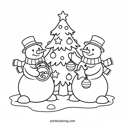 Happy Snowmen Decorate a Christmas Tree! - free printable coloring page