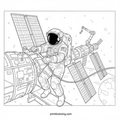 Spacewalking Hero at the International Space Station - free printable coloring page