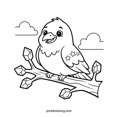 Sparkle Feather Raven on a Rainbow Crystal Branch - free printable coloring page